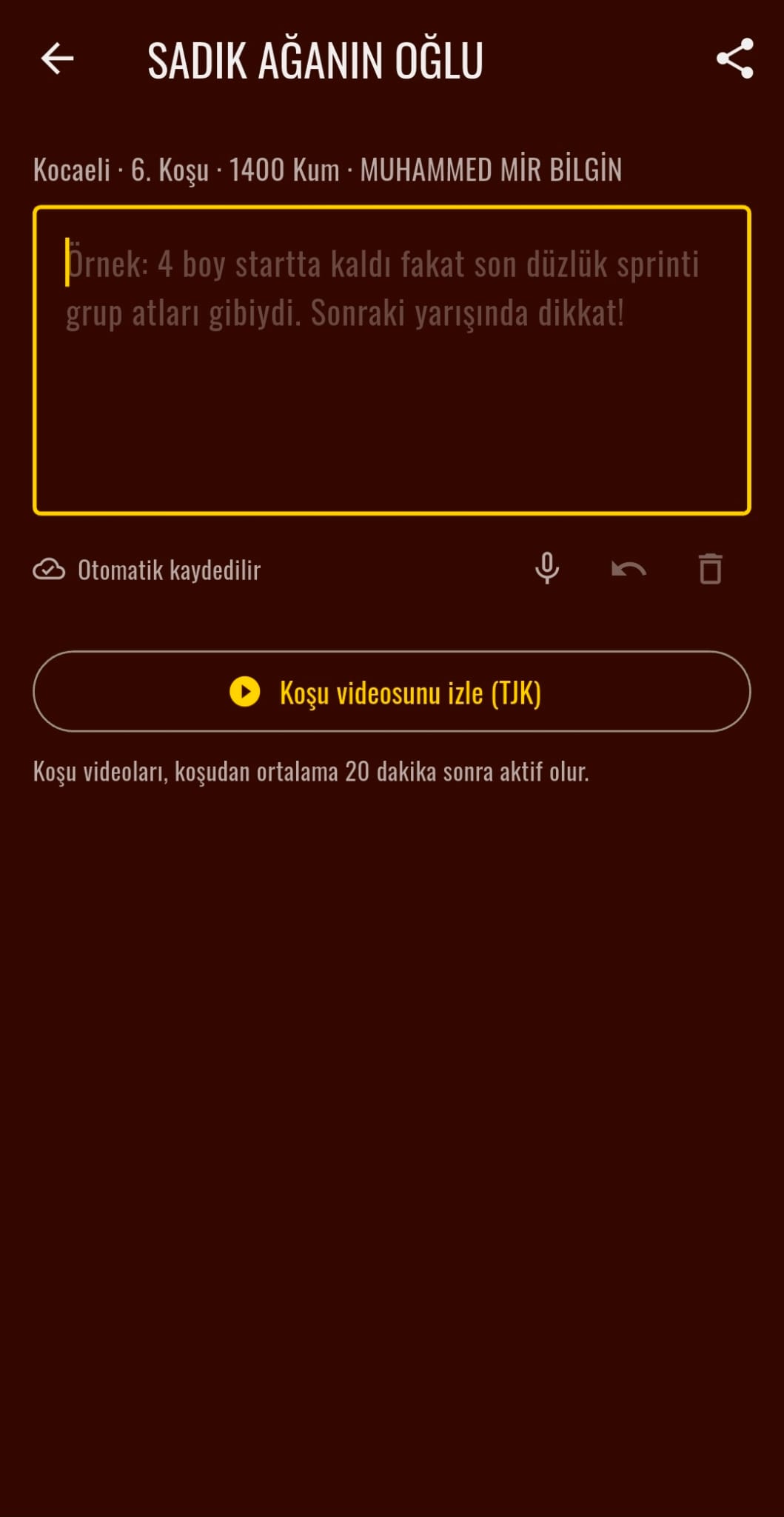 Not yazma ekranı: sesli not ve TJK koşu videosu