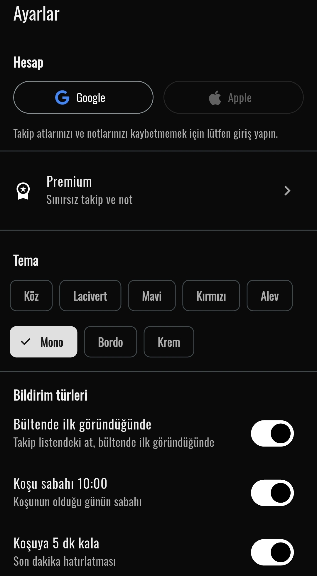 Ayarlar: temalar ve bildirim türleri